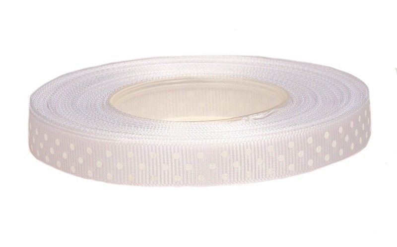 Wstążka ryps w kropki 12 mm x 25 y - biała