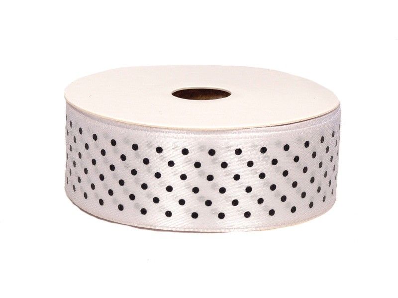 Wstążka satynowa w kropki 25 mm x 18 m - biała