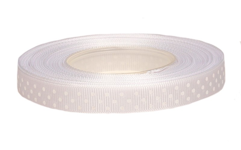 Wstążka ryps w kropki 12 mm x 25 y - biała