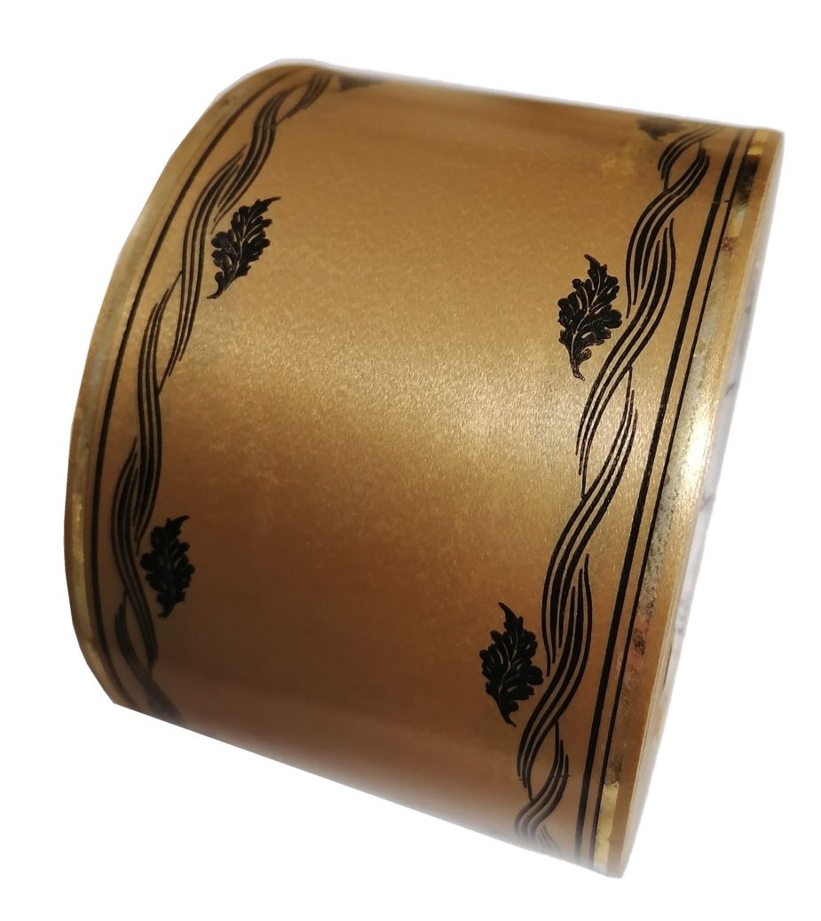 Szarfa pogrzebowa 8cm x 50y złota z czarnym ornamentem, złoty pasek