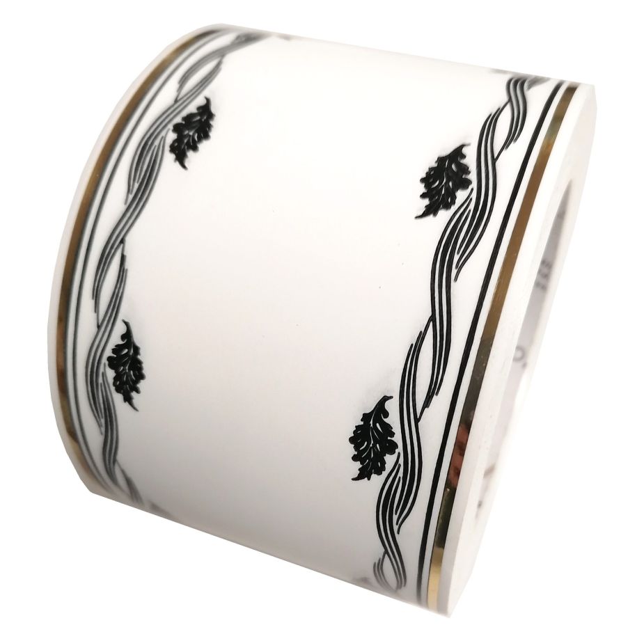 Szarfa pogrzebowa biała w czarny wzór ze złotym paskiem 8cmx50y