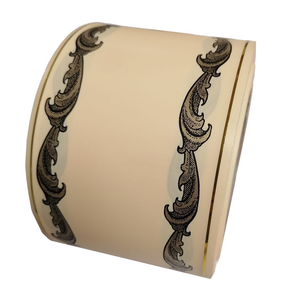 Szarfa 8cm x 50y kremowa w ornament- złoty pasek