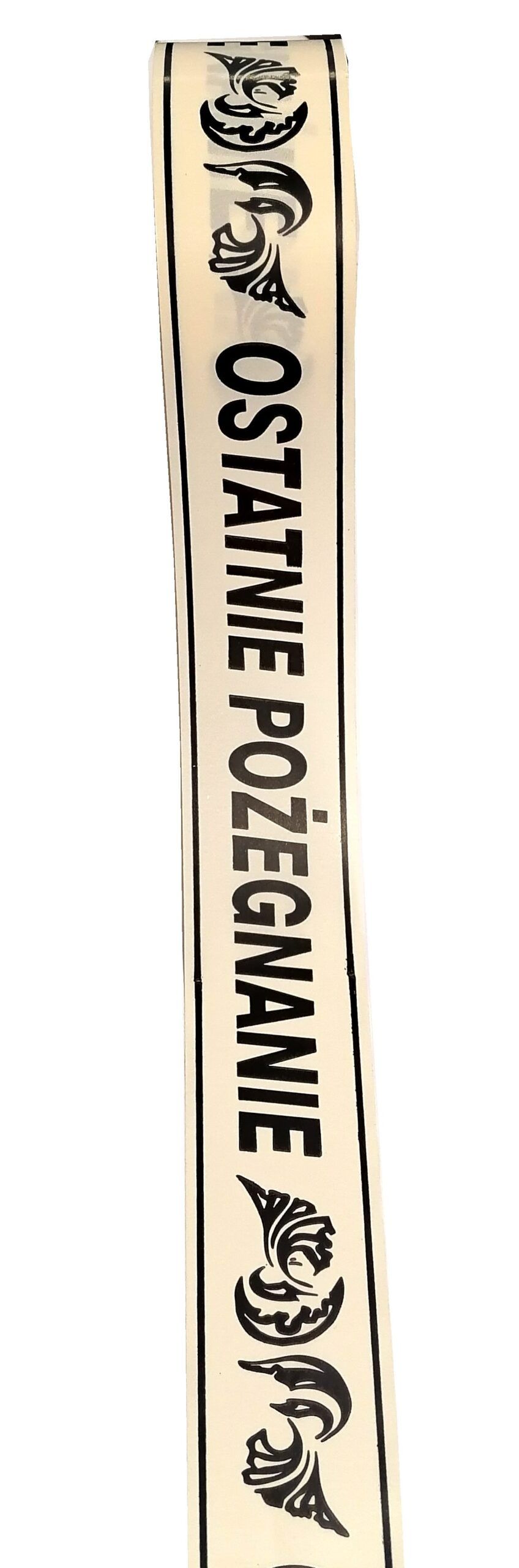 TAŚMA POGRZEBOWA 5CM X 100M KREMOWA, DRUKOWANY CZARNY NAPIS