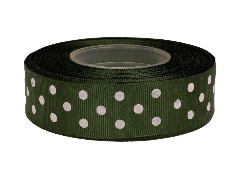Wstążka ryps w grochy 25 mm x 25 y - oliwkowa